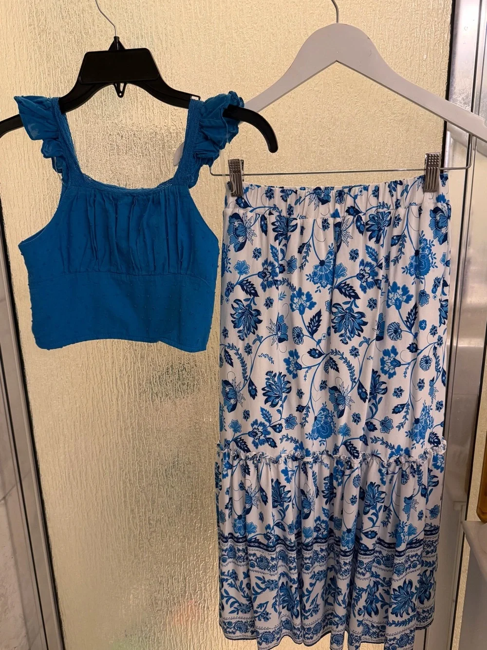 Rare Editions Blue Tank w/White & Blue Floral Tiered Midi Skirt Girls Size 8 LN